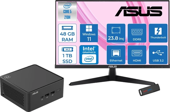 Asus Nuc 15 Pro Tall Kit Intel Core 5-210H 4.8ghz Up 48GB Ddr5 1tb SSD Intel® Graphics Asus 120Hz IPS 23.8 Fhd Mon. WIN11HOME Mini Barebone Masaüstü Bilgisayar RNUC15CRHC50000223H18+ZETTAUSBBELLEK ürün görseli 1