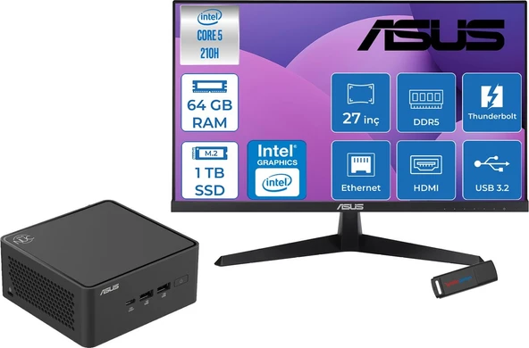 Asus Nuc 15 Pro Tall Kit Intel Core 5-210H 4.8ghz Up 64GB Ddr5 1tb SSD Intel® Graphics Asus 120Hz IPS 27 Inç Fhd Mon. Freedos Mini Barebone Masaüstü Bilgisayar RNUC15CRHC50000227F23+ZETTAUSBBELLEK ürün görseli 1