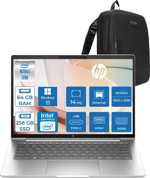 Hp Probook 4 G1I Intel Ultra5 225U 64GB Ddr5 256GB SSD 16" Inch Intel® Grafik Gpu Wuxga (1920X1200) IPS 300NIT WIN11HOME Taşınabilir Bilgisayar D21SQETH21+ZETTAÇANTA ürün görseli 1