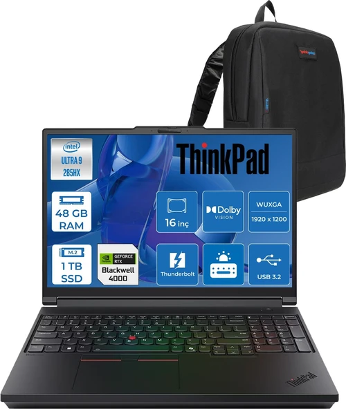Lenovo Thinkpad P16 Gen3 Intel Ultra 9 285HX Ddr5 48GB 512GB+512GB SSD 16GB/RTXPRO4000 Blackwell 16" Wuxga (1920X1200) IPS 500NITS 100% Srgb 60Hz Windows 11 Pro 21RRS0LC00P37 + Zettaçanta ürün görseli 1