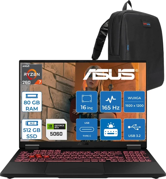 Asus Tuf Gaming A16 (FA608UM-GAMING) Amd Ryzen™ 7 260 Aı 80GB Ddr5 512GB SSD RTX5060/8GB 115W FHD+16"(1920 x 1200, Wuxga) 3ms 300NITS 165Hz Srgb %100 Freedos Gaming Bilgisayar ZRV131F27+ZETTAÇANTA ürün görseli 1