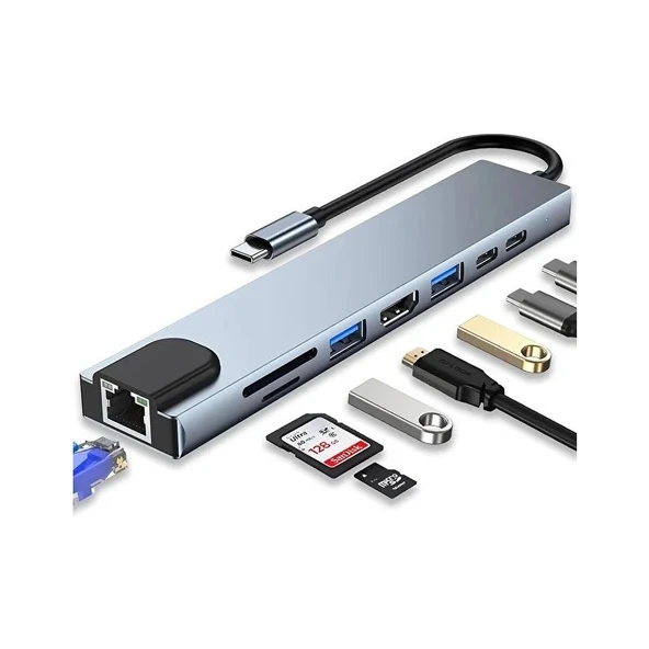 Exonix Macbook Pro Air USB Type-C Hub Dönüştürücü Çevirici Çoklayıcı USB Hdmı Micro Sd 8 Girişli ürün görseli 1