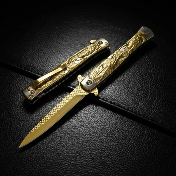 Knivox Browning Gold Titanyum Kaplama Ejderha İşlemeli Kamp Çakısı ürün görseli 1
