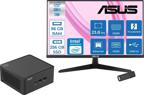 Asus Nuc 15 Pro Tall Kit Intel Core 5-210H 4.8ghz Up 96GB Ddr5 256GB SSD Intel® Graphics Asus 120Hz IPS 23.8 Fhd Mon. Freedos Mini Barebone Masaüstü Bilgisayar RNUC15CRHC50000223F31+ZETTAUSBBELLEK ürün görseli 1