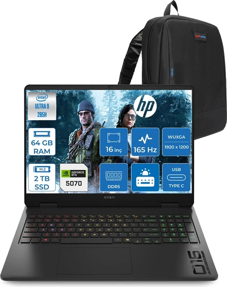 Hp Omen Slim Gaming Intel® Core Ultra 9 285H 64GB Ddr5 2tb SSD 16" Inch 8GB/RTX5070 2k (1920 x 1200),165 Hz, 3ms IPS 400NITS 100% Srgb Freedos Gaming Bilgisayar CD7K0EAF24+ZETTAÇANTA ürün görseli 1