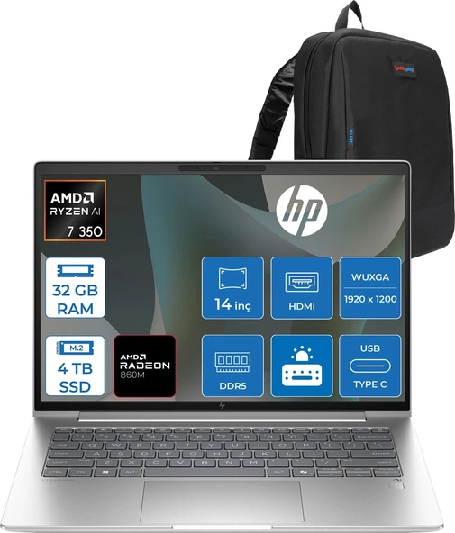 Hp Elitebook 6 G1A Next Gen Aı Amd Ryzen™ Aı 7 350 32GB Ddr5 4tb SSD 14" Inch Amd Radeon™ 860M Wuxga (1920X1200) IPS 300NITS Freedos Taşınabilir Bilgisayar D36SZETF15+ZETTAÇANTA ürün görseli 1