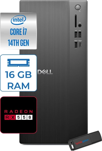 Dell Tower ECT1250 Intel® Core™ İ7-14700 16GB Ddr5 1tb SSD 4GB/RX550 Freedos Mini Tower Masaüstü Bilgisayar RPLSR00727F03+ZETTAUSBBELLEK ürün görseli 1