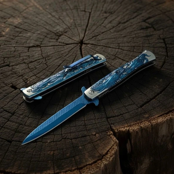 Knivox Browning Blue Titanyum Kaplama Ejderha İşlemeli Kamp Çakısı ürün görseli 1