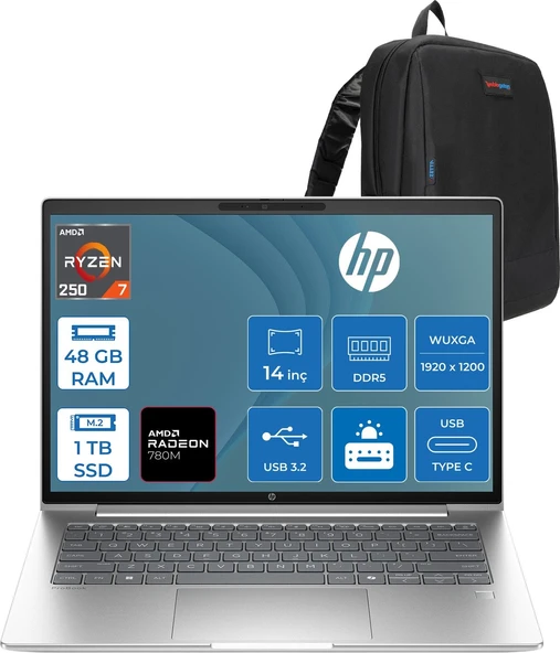 Hp Probook 4 G1A 14 Amd Ryzen™ 7 250 48GB Ddr5 1tb SSD 14" Inch Amd Radeon™ 780M Wuxga (1920X1200) IPS 300NITS Freedos Taşınabilir Bilgisayar D36KHETF18+ZETTAÇANTA ürün görseli 1