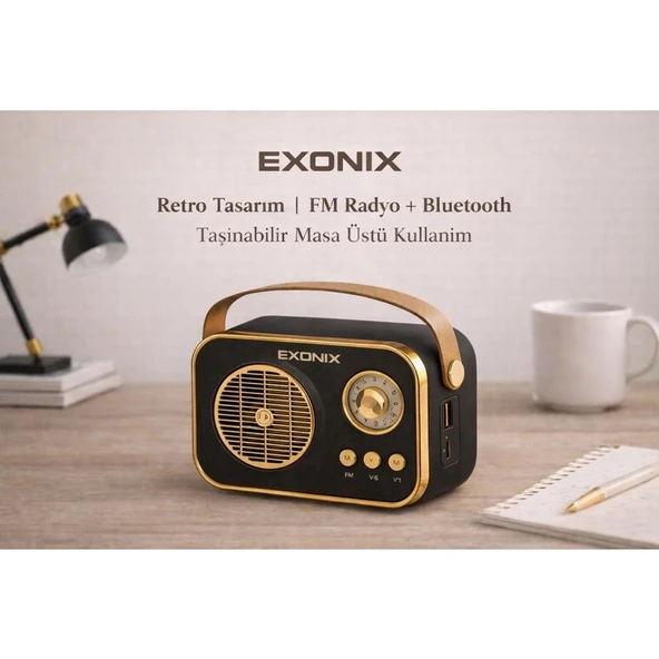 Exonix Retro Bluetooth Hoparlör USB Sd Destekli Type-C Şarjlı - Resim 2