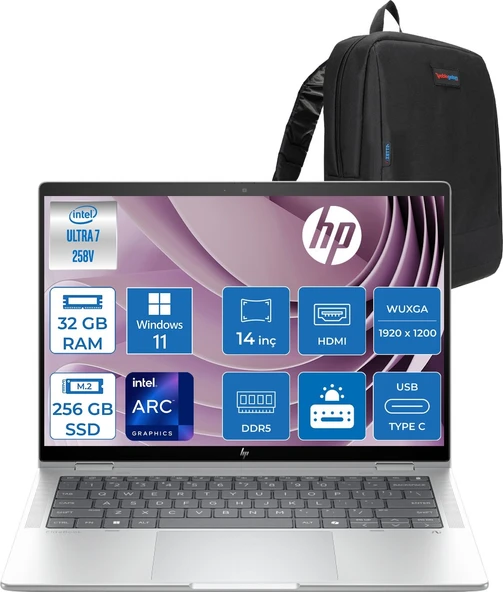Hp Elitebook x Flip G1I Aı Intel® Core™ Ultra 7 258V 32GB 256GB SSD Intel® Arc™ 140V Gpu 14"touch,wuxga (1920 x 1200 IPS,400 NITS,100% Srgb WIN11HOME Dokunmatik BILGISAYARD30U6ETH11+ZETTAÇANTA ürün görseli 1