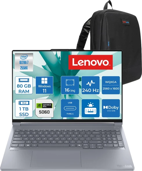 Lenovo Thinkbook 16P Iax Intel Core Ultra 7 255HX 80GB Ddr5 Ram 1tb SSD RTX5060 8gb 115W Windows 11 Home 16" Wqxga (2560X1600) IPS 500NITS 240Hz Laptop T21R0001LTXH38 + Zetta Çanta ürün görseli 1