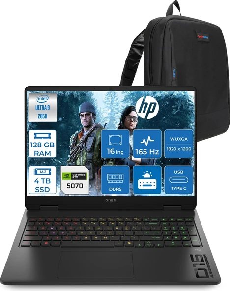 Hp Omen Slim Gaming Intel® Core Ultra 9 285H 128GB Ddr5 4tb SSD 16" Inch 8GB/RTX5070 2k (1920 x 1200),165 Hz, 3ms IPS 400NITS 100% Srgb Freedos Gaming Bilgisayar CD7K0EAF40+ZETTAÇANTA ürün görseli 1