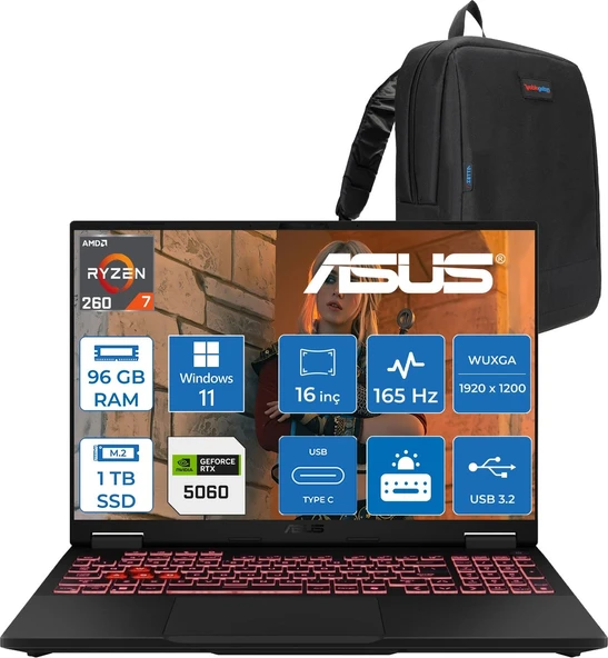 Asus Tuf Gaming A16 (FA608UM-GAMING) Amd Ryzen™ 7 260 Aı 96GB Ddr5 1tb SSD RTX5060/8GB 115W FHD+16"(1920 x 1200, Wuxga) 3ms 300NITS 165Hz Srgb %100 WIN11PRO Gaming Bilgisayar ZRV131P33+ZETTAÇANTA ürün görseli 1
