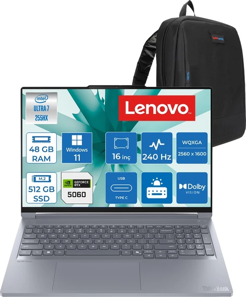 Lenovo Thinkbook 16P Iax Intel Core Ultra 7 255HX 48GB Ddr5 Ram 512GB SSD RTX5060 8gb 115W Windows 11 Home 16" Wqxga (2560X1600) IPS 500NITS 240Hz Laptop T21R0001LTXH25 + Zetta Çanta ürün görseli 1