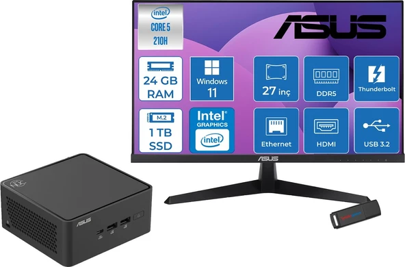 Asus Nuc 15 Pro Tall Kit Intel Core 5-210H 4.8ghz Up 24GB Ddr5 1tb SSD Intel® Graphics Asus 120Hz IPS 27 Inç Fhd Mon. WIN11HOME Mini Barebone Masaüstü Bilgisayar RNUC15CRHC50000227H08+ZETTAUSBBELLEK ürün görseli 1