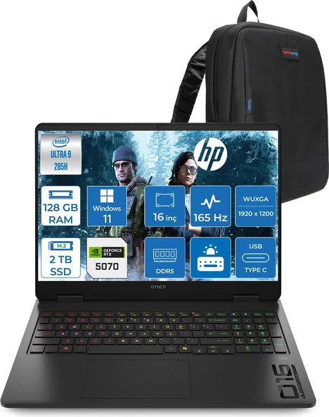 Hp Omen Slim Gaming Intel® Core Ultra 9 285H 128GB Ddr5 2tb SSD 16" Inch 8GB/RTX5070 2k (1920 x 1200),165 Hz, 3ms IPS 400NITS 100% Srgb WIN11HOME Gaming Bilgisayar CD7K0EAH39+ZETTAÇANTA ürün görseli 1