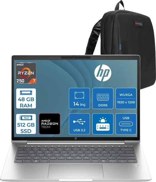 Hp Probook 4 G1A 14 Amd Ryzen™ 7 250 48GB Ddr5 512GB SSD 14" Inch Amd Radeon™ 780M Wuxga (1920X1200) IPS 300NITS Freedos Taşınabilir Bilgisayar D36KHETF17+ZETTAÇANTA ürün görseli 1