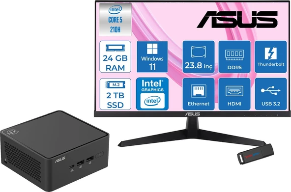 Asus Nuc 15 Pro Tall Kit Intel Core 5-210H 4.8ghz Up 24GB Ddr5 2tb SSD Intel® Graphics Asus 120Hz IPS 23.8 Fhd Mon. WIN11PRO Mini Barebone Masaüstü Bilgisayar RNUC15CRHC50000223P09+ZETTAUSBBELLEK ürün görseli 1