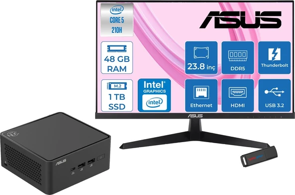 Asus Nuc 15 Pro Tall Kit Intel Core 5-210H 4.8ghz Up 48GB Ddr5 1tb SSD Intel® Graphics Asus 120Hz IPS 23.8 Fhd Mon. Freedos Mini Barebone Masaüstü Bilgisayar RNUC15CRHC50000223F18+ZETTAUSBBELLEK ürün görseli 1