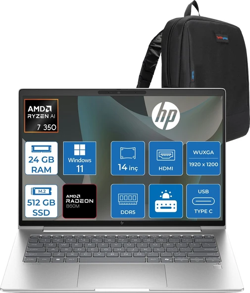 Hp Elitebook 6 G1A Next Gen Aı Amd Ryzen™ Aı 7 350 24GB Ddr5 512GB SSD 14" Inch Amd Radeon™ 860M Wuxga (1920X1200) IPS 300NITS WIN11HOME Taşınabilir Bilgisayar D36SZETH07+ZETTAÇANTA ürün görseli 1