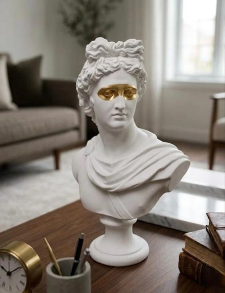Dekoratif Apollo Büst Biblo – Antik Yunan Heykel Tarzı, Biblo Beyaz Gold Lüks Salon Konsol Süs Objesi ( polyester) ürün görseli 1