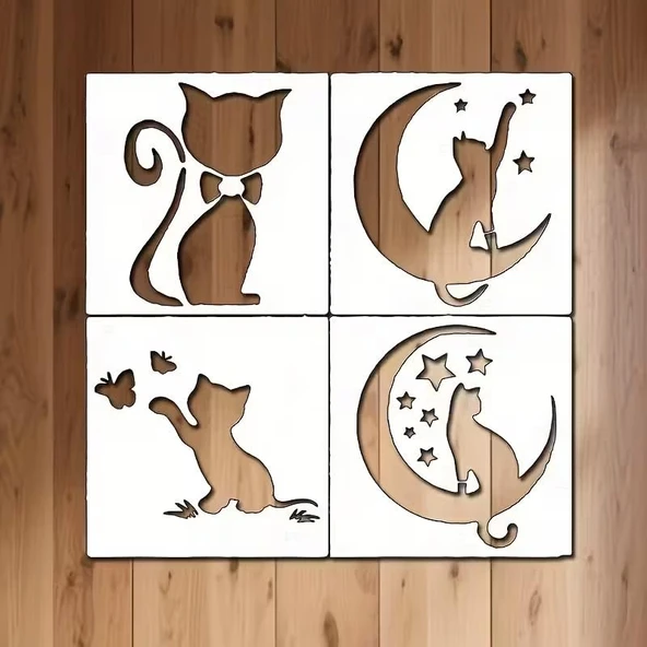 4 Adet Sevimli Kedi Şablonu, Yeniden Kullanılabilir, Duvar Boyama, Kumaş Boyama, Cam Sanatı ürün görseli 1