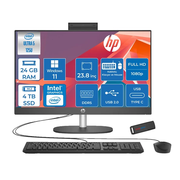 Hp Proone 240 G10 Intel Core Ultra 5 125U 4.3 Ghz 24GB Ddr5 4tb SSD Intel Aı Boost Windows 11 Pro 23.8" Fhd (1920 x 1080) IPS All In One Bilgisayar HPD1GD0ETP10 + Zetta Flash Bellek ürün görseli 1