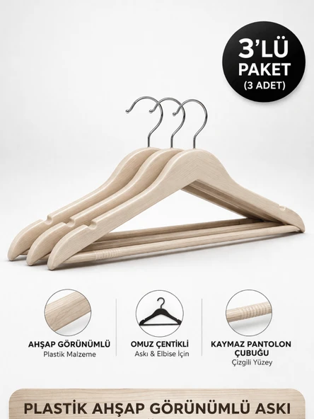 Beylini 3'lu Ahşap Görünümlü Plastik Askılık Yetişkin Kıyafetleri İçin Dayanıklı Elbise Gömlek Kancalı Askı ürün görseli 1