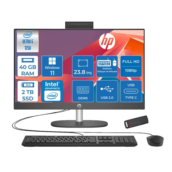 Hp Proone 240 G10 Intel Core Ultra 5 125U 4.3 Ghz 40GB Ddr5 2tb SSD Intel Aı Boost Windows 11 Pro 23.8" Fhd (1920 x 1080) IPS All In One Bilgisayar HPD1GD0ETP21 + Zetta Flash Bellek ürün görseli 1