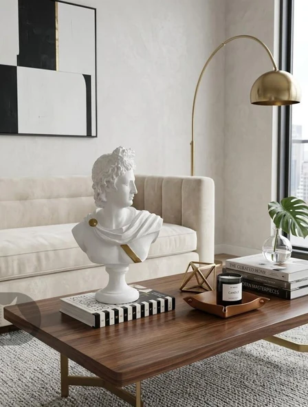 Dekoratif Apollo Büst Biblo – Antik Yunan Heykel Tarzı, Biblo Beyaz Gold Lüks Salon Konsol Süs Objesi ( polyester) ürün görseli 1