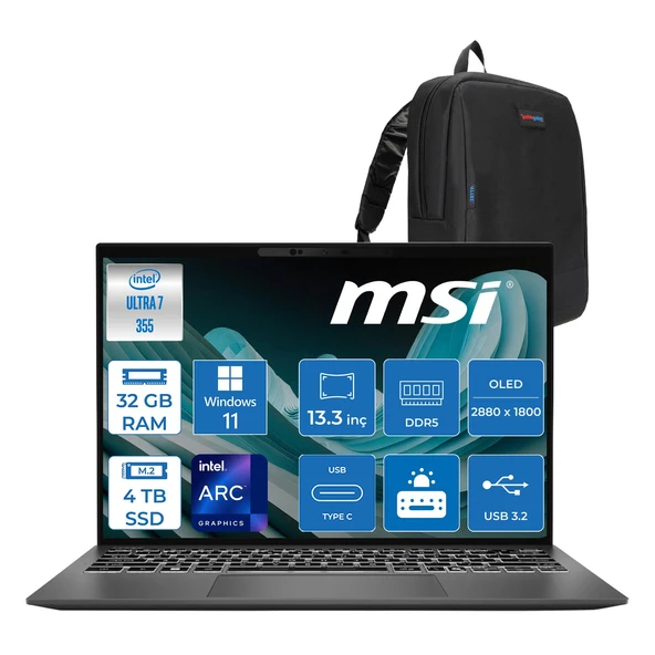 MSI Msı Prestıge 13 Aı+ Intel Ultra 7 355 32GB Ram 4tb SSD Windows 11 Pro 13.3" 2.8k (2880 x 1800) OLED Laptop A3MG039TRP05 + Zetta Çanta ürün görseli 1