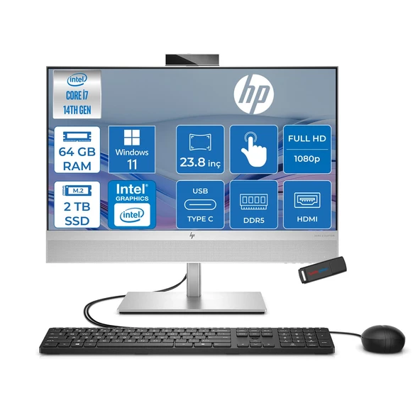 Hp Eliteone 840 G9 Intel Core I7 14700 5.4 Ghz 64GB Ddr5 2tb SSD Windows 11 Pro Dokunmatik 23.8" Fhd (1920 x 1080) IPS All In One Bilgisayar HP99B39ETP33 + Zetta Flash Bellek ürün görseli 1