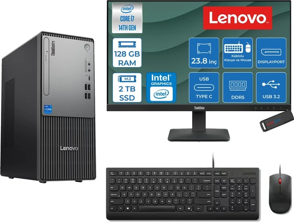 Lenovo Thinkcentre Neo 50T Gen 5  Intel® Core™ İ7-14700 128GB Ddr5 2tb SSD Intel® UHD Graphics 770 Freedos +23.8 Monitör Mini Tower Masaüstü Bilgisayar 2312UD001UTRF39+ZETTAUSBBELLEK ürün görseli 1