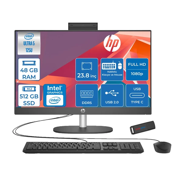 Hp Proone 240 G10 Intel Core Ultra 5 125U 4.3 Ghz 48GB Ddr5 512GB SSD Intel Aı Boost Freedos 23.8" Fhd (1920 x 1080) IPS All In One Bilgisayar HPD1GD0ETF25 + Zetta Flash Bellek ürün görseli 1