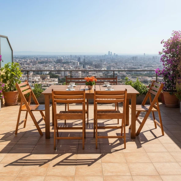 Albatros Ahşap Bahçe Balkon Takımı: 80x120 Sabit Masa + 6 Katlanır Sandalye ürün görseli 1