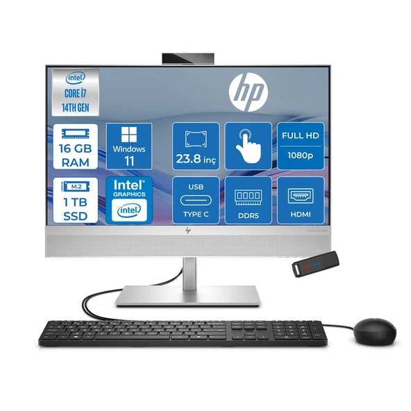 Hp Eliteone 840 G9 Intel Core I7 14700 5.4 Ghz 16GB Ddr5 1tb SSD Windows 11 Pro Dokunmatik 23.8" Fhd (1920 x 1080) IPS All In One Bilgisayar HP99B39ETP02 + Zetta Flash Bellek ürün görseli 1