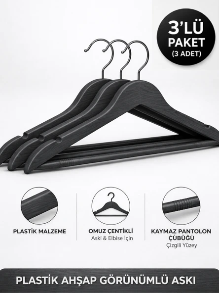 Beylini 3'lu Ahşap Görünümlü Plastik Askılık Yetişkin Kıyafetleri İçin Dayanıklı Elbise Gömlek Kancalı Askı ürün görseli 1