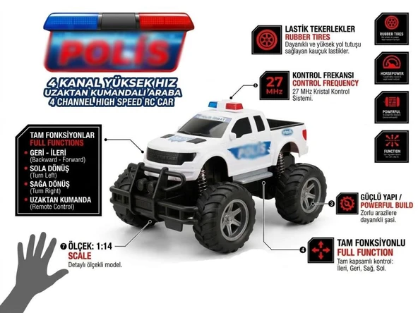 Uzaktan Kumandalı 4 Fonksiyonlu 1/14 Ölçülü 27MHz Detaylı 4x4 Görünümlü Oyuncak Polis Arabası ürün görseli 1