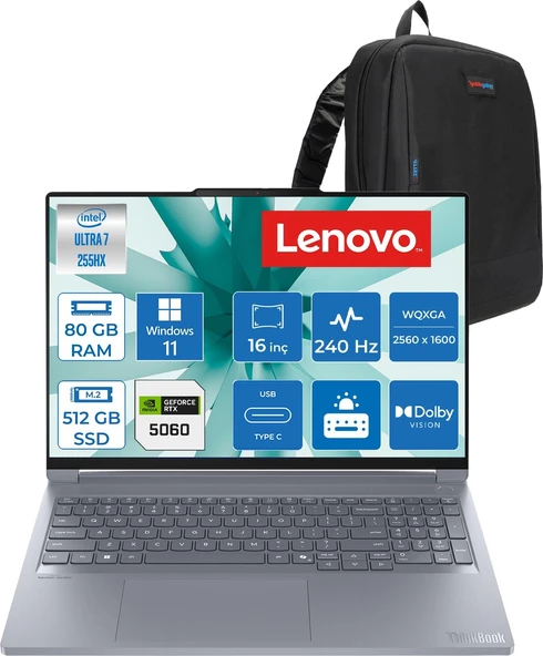 Lenovo Thinkbook 16P Iax Intel Core Ultra 7 255HX 80GB Ddr5 Ram 512GB SSD RTX5060 8gb 115W Windows 11 Home 16" Wqxga (2560X1600) IPS 500NITS 240Hz Laptop T21R0001LTXH37 + Zetta Çanta ürün görseli 1
