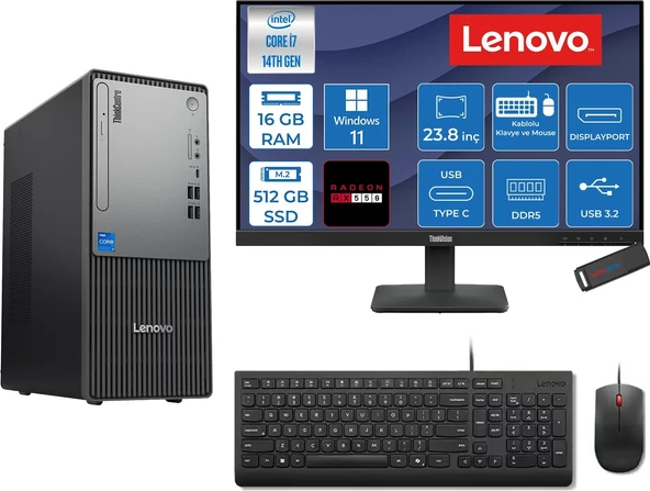 Lenovo Thinkcentre Neo 50T Gen 5  Intel® Core™ İ7-14700 16GB Ddr5 512GB SSD 4GB/RX550 WIN11HOME +23.8 Monitör Mini Tower Masaüstü Bilgisayar 2312UD001UTR27H02+ZETTAUSBBELLEK ürün görseli 1