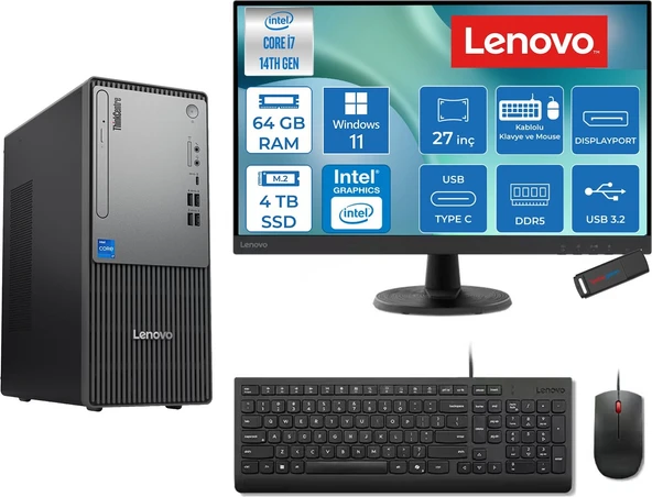 Lenovo Thinkcentre Neo 50T Gen 5  Intel® Core™ İ7-14700 64GB Ddr5 4tb SSD Intel® UHD Graphics 770 WIN11HOME +27" Monitör Mini Tower Masaüstü Bilgisayar 2712UD001UTRH25+ZETTAUSBBELLEK ürün görseli 1