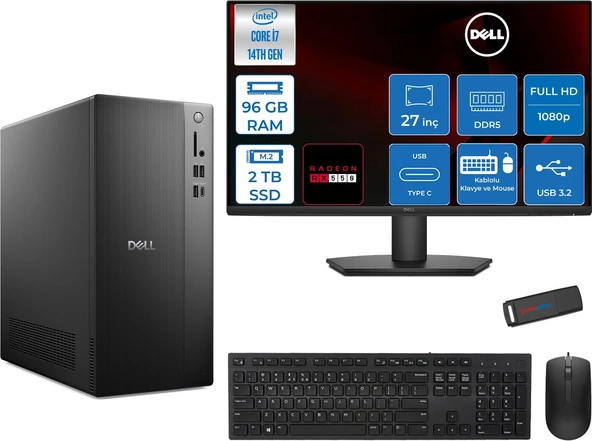 Dell Tower ECT1250 Intel® Core™ İ7-14700 96GB Ddr5 2tb SSD 4GB/RX550 Freedos +27" Monitör Tower Masaüstü Bilgisayar 27RPLSR00727F34+ZETTAUSBBELLEK ürün görseli 1
