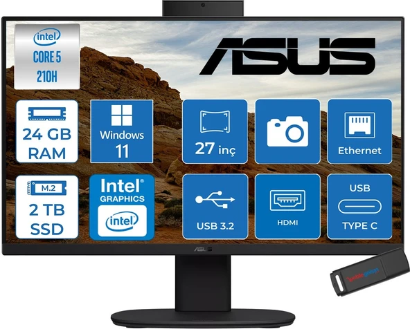 Asus V470VAK Intel® Core™ 5 210H 4.8ghz 24GB Ddr5 2tb SSD 27" Fhd 100HZ 300NITS Srgb: %100 WIN11HOME Siyah Allınone Bilgisayar 27C516512B0DH09+ZETTAUSBBELLEK ürün görseli 1