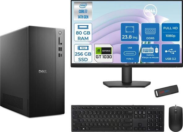 Dell Tower ECT1250 Intel® Core™ İ7-14700 80GB Ddr5 256GB SSD 4GB/GT1030  Freedos +23.8" Monitör Tower Masaüstü Bilgisayar 24RPLSR00721F26+ZETTAUSBBELLEK ürün görseli 1