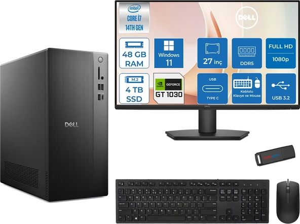 Dell Tower ECT1250 Intel® Core™ İ7-14700 48GB Ddr5 4tb SSD 4GB/GT1030  WIN11HOME +27" Monitör Tower Masaüstü Bilgisayar 27RPLSR00721H20+ZETTAUSBBELLEK ürün görseli 1