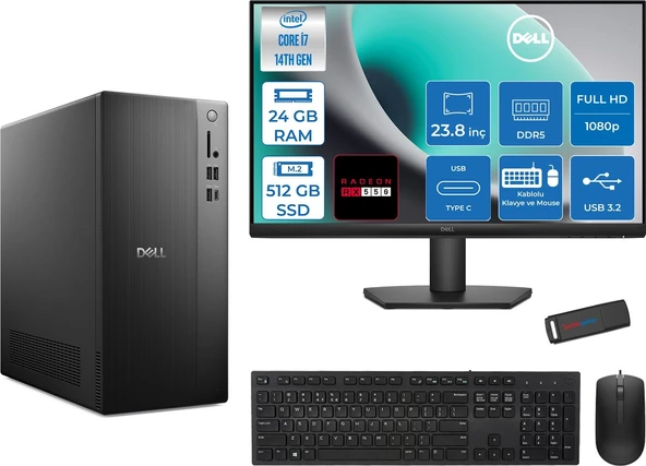 Dell Tower ECT1250 Intel® Core™ İ7-14700 24GB Ddr5 512GB SSD 4GB/RX550 Freedos +23.8" Monitör Tower Masaüstü Bilgisayar 24RPLSR00727F07+ZETTAUSBBELLEK ürün görseli 1