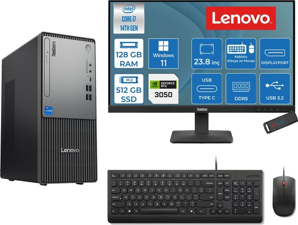 Lenovo Thinkcentre Neo 50T Gen 5  Intel® Core™ İ7-14700 128GB Ddr5 512GB SSD 6GB/RTX3050 WIN11PRO +23.8 Monitör Mini Tower Masaüstü Bilgisayar 2312UD001UTR23P37+ZETTAUSBBELLEK ürün görseli 1