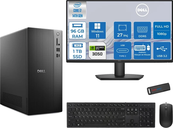 Dell Tower ECT1250 Intel® Core™ İ7-14700 96GB Ddr5 1tb SSD 6GB/RTX3050 WIN11HOME +27" Monitör Tower Masaüstü Bilgisayar 27RPLSR00723H33+ZETTAUSBBELLEK ürün görseli 1