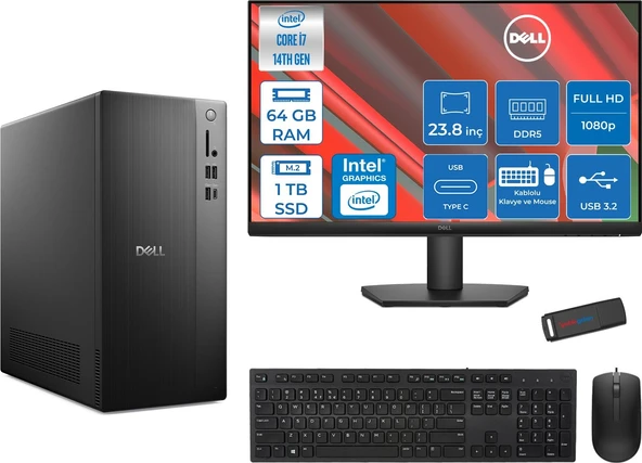 Dell Tower ECT1250 Intel® Core™ İ7-14700 64GB Ddr5 1tb SSD Intel® UHD Graphics 770 Freedos +23.8" Monitör Tower Masaüstü Bilgisayar 24RPLSR007F23+ZETTAUSBBELLEK ürün görseli 1